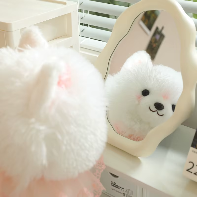 Plush Toy White Dog Pink Lace Decor Cute Stuffed Animal White Dog