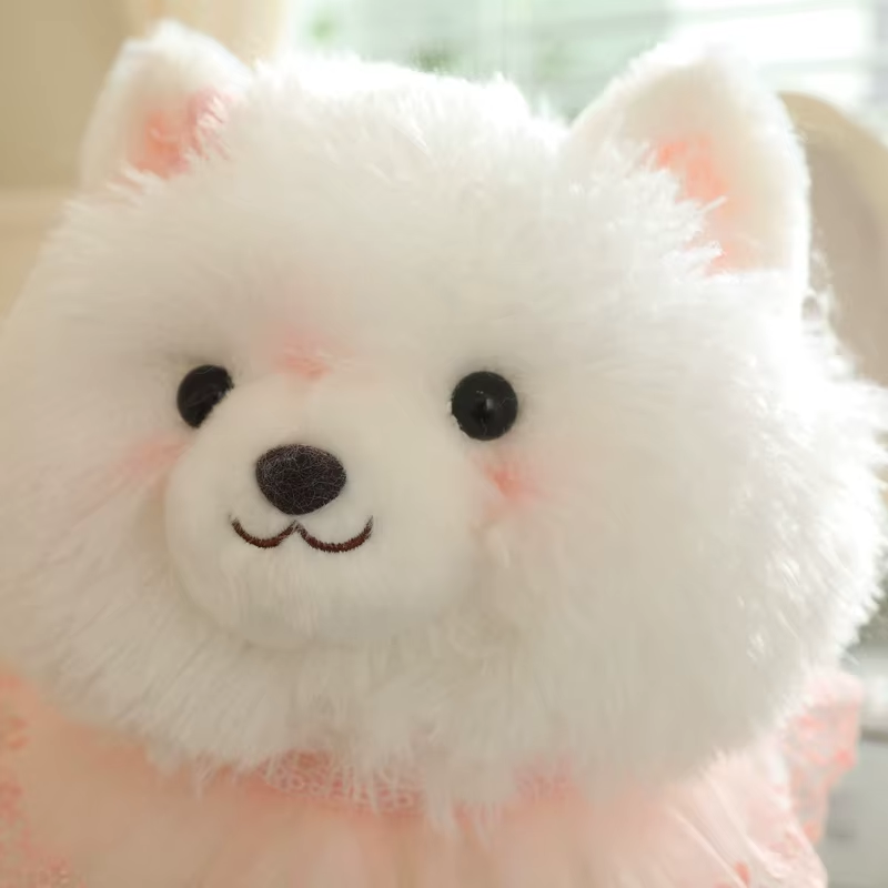 Plush Toy White Dog Pink Lace Decor Cute Stuffed Animal White Dog