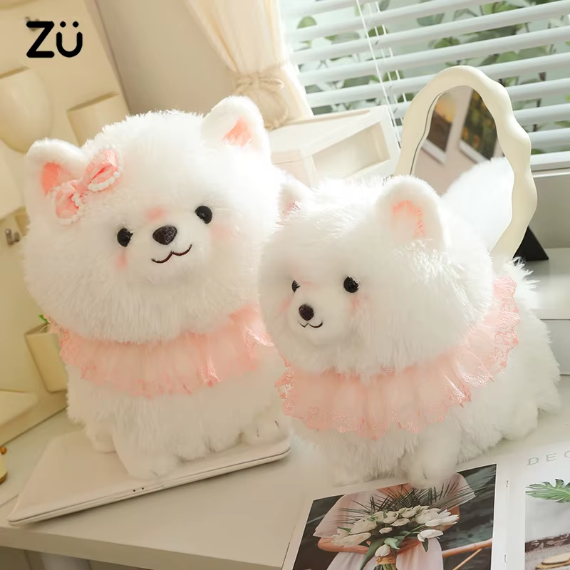 Plush Toy White Dog Pink Lace Decor Cute Stuffed Animal White Dog