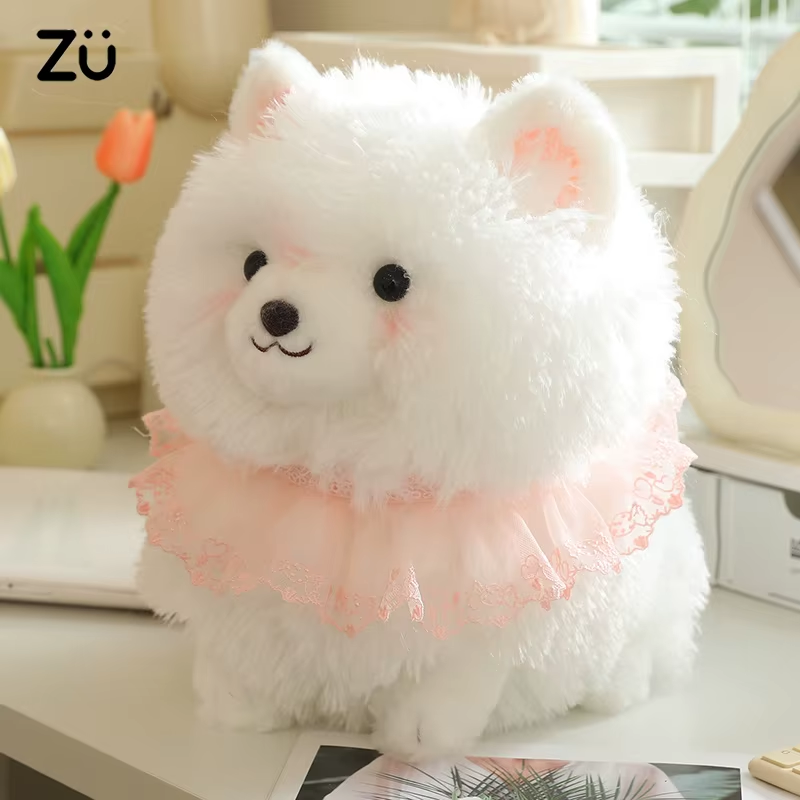 Plush Toy White Dog Pink Lace Decor Cute Stuffed Animal White Dog