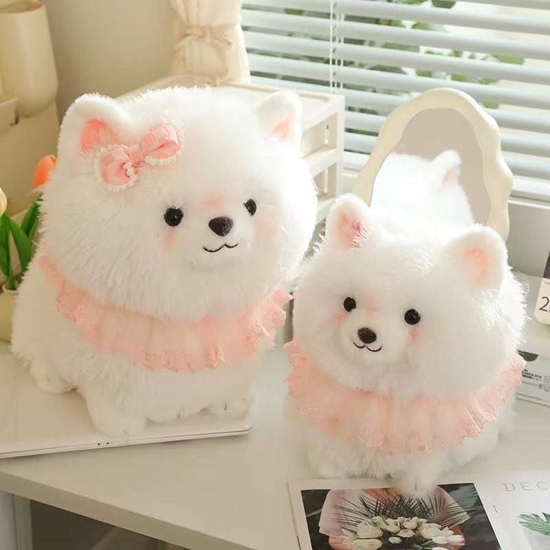 Plush Toy White Dog Pink Lace Decor Cute Stuffed Animal White Dog