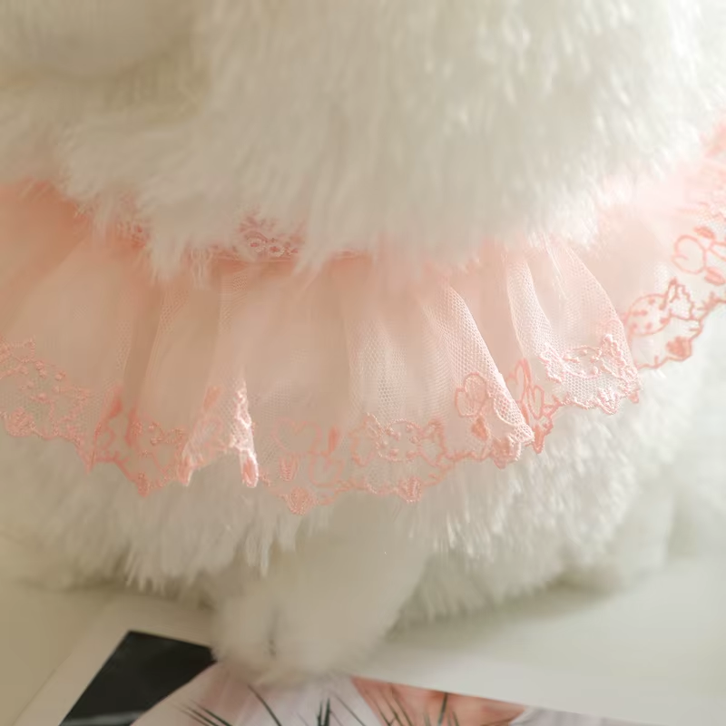 Plush Toy White Dog Pink Lace Decor Cute Stuffed Animal White Dog
