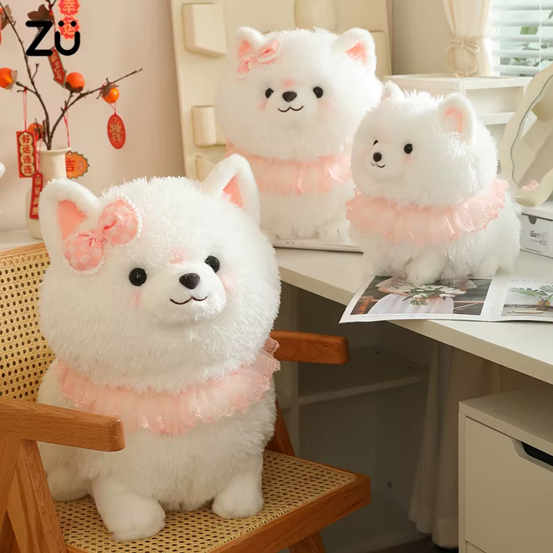 Plush Toy White Dog Pink Lace Decor Cute Stuffed Animal White Dog