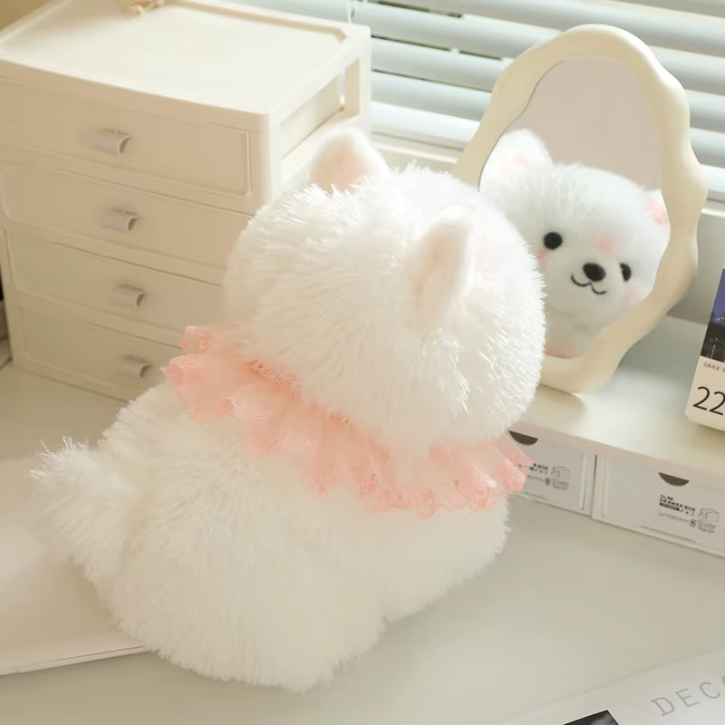 Plush Toy White Dog Pink Lace Decor Cute Stuffed Animal White Dog