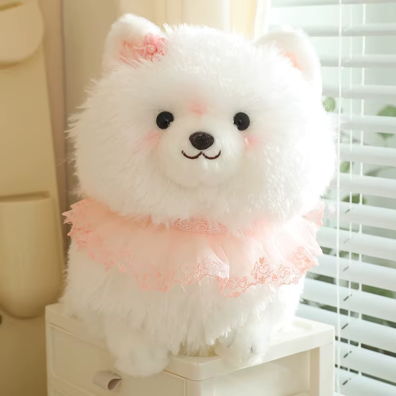 Plush Toy White Dog Pink Lace Decor Cute Stuffed Animal White Dog