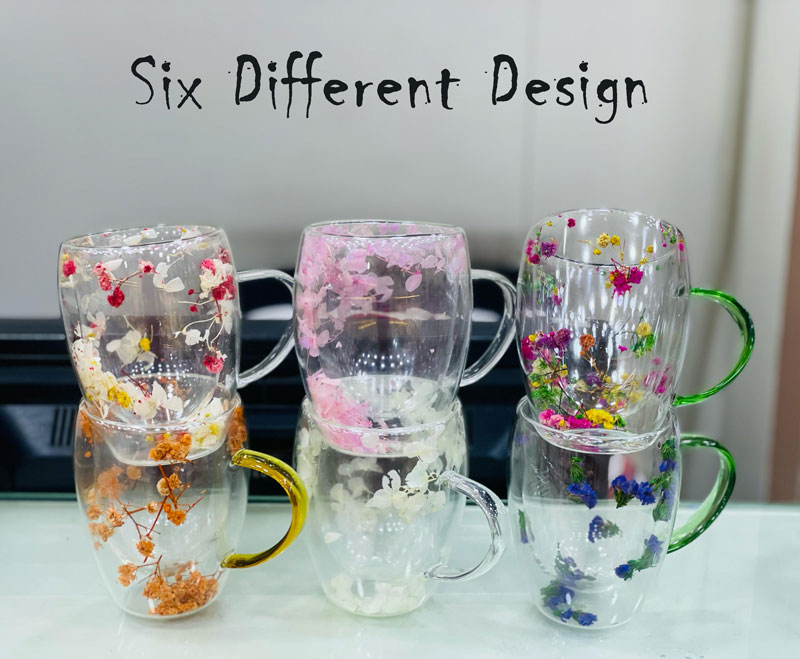 Real Flower Double-Wall Glass Cup 350Ml Pack Of 6