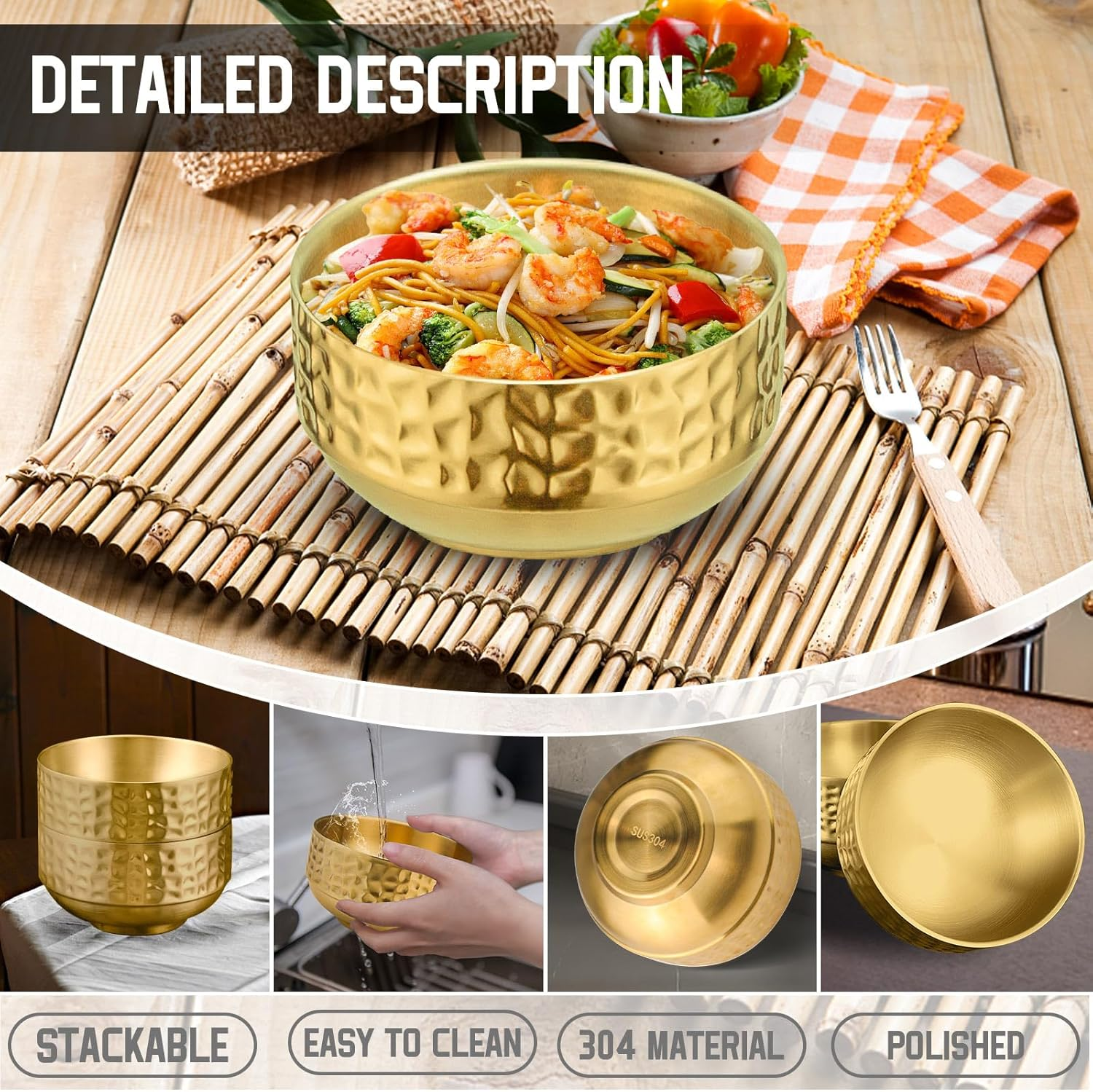 Stainless Steel Double-Walled Insulated Serving Soup Bowls, Gold Metal L 12Cm Hammadered