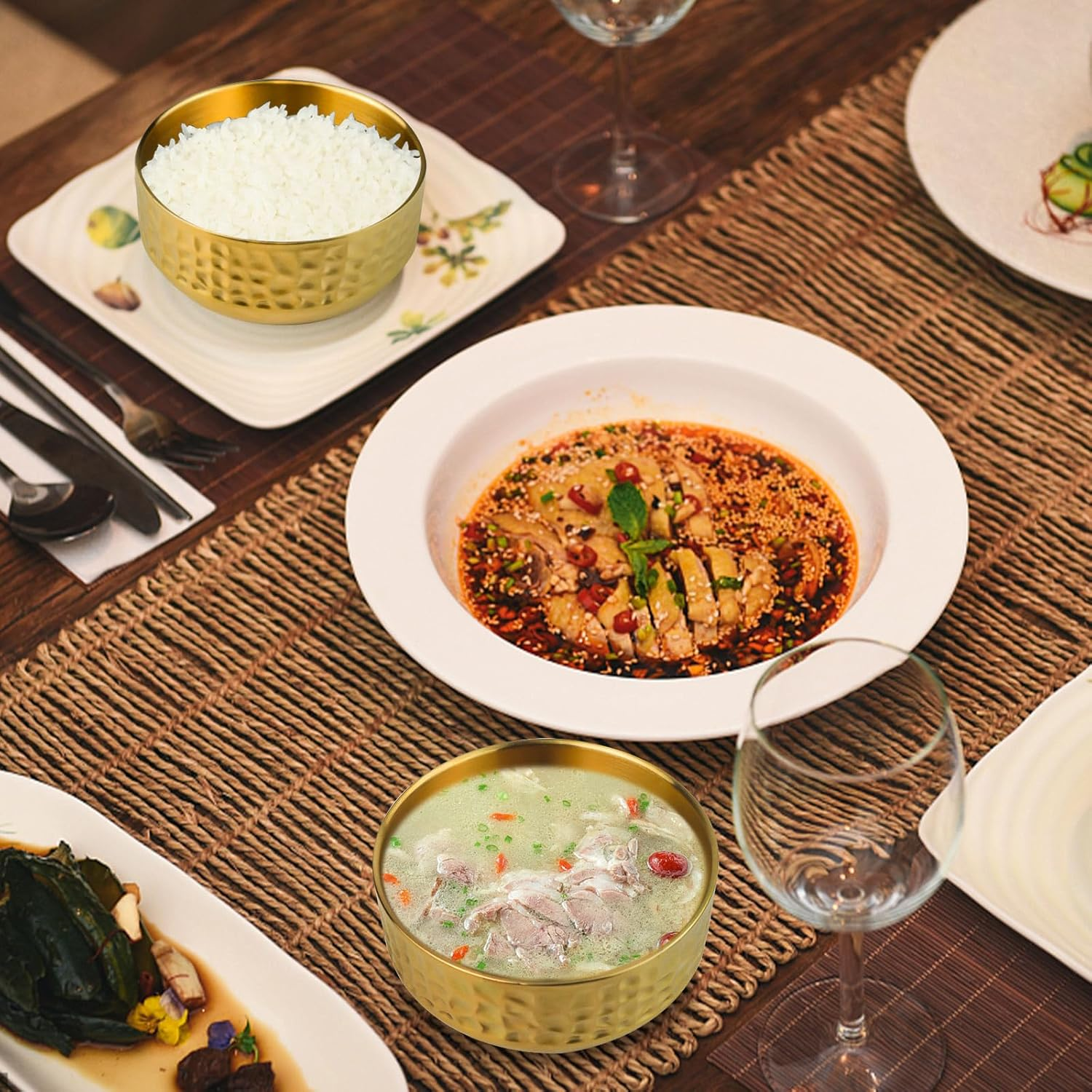 Stainless Steel Double-Walled Insulated Serving Soup Bowls, Gold Metal L 12Cm Hammadered