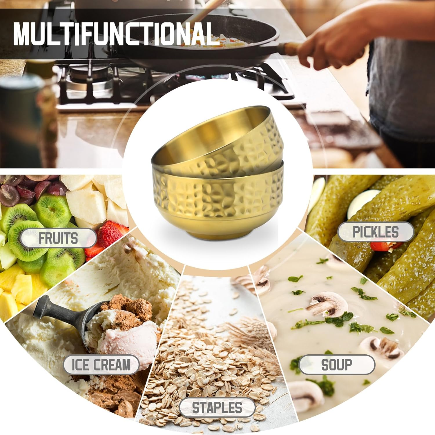 Stainless Steel Double-Walled Insulated Serving Soup Bowls, Gold Metal L 12Cm Hammadered