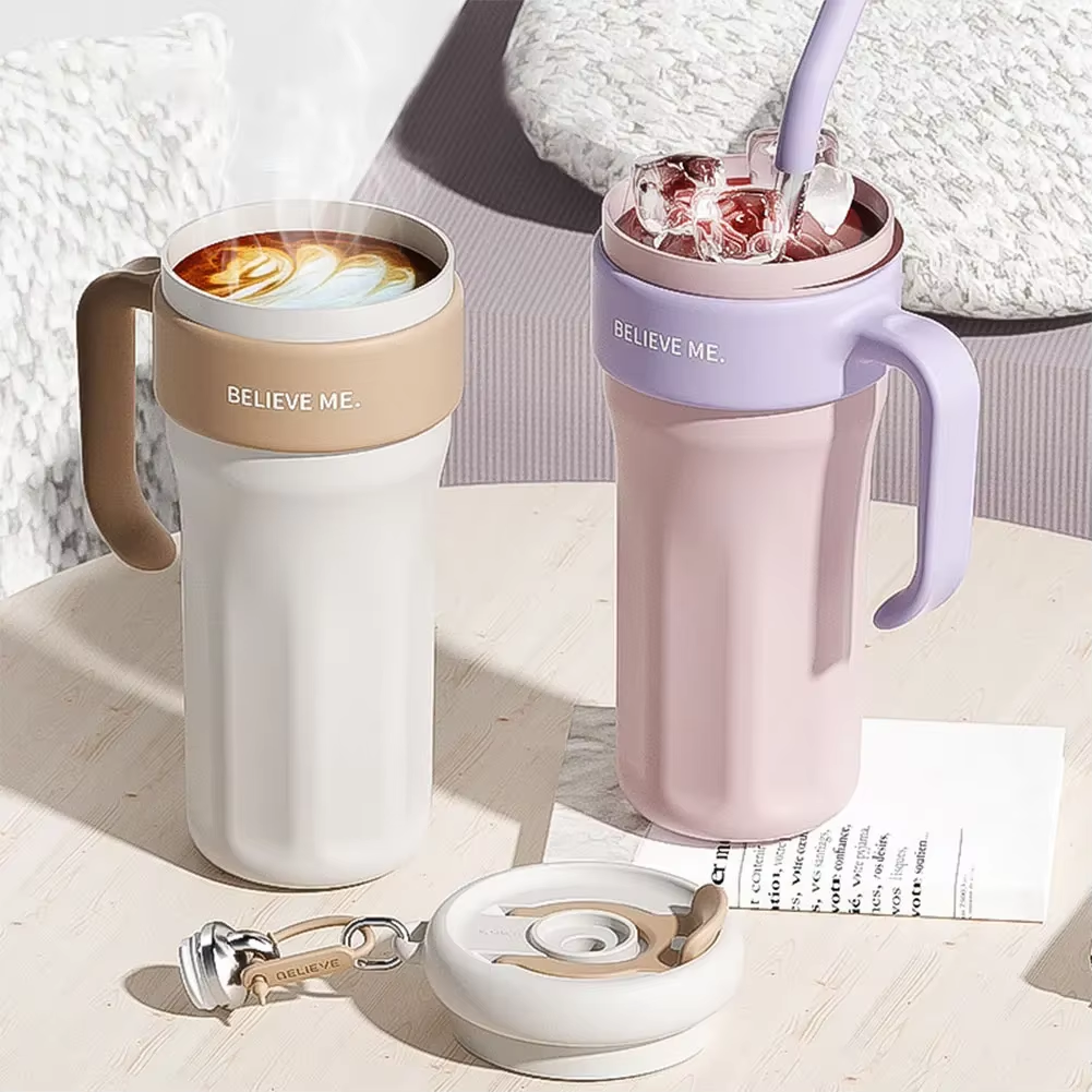 Stainless Steel Water Bottle With Handle And Straw Cold Drink Bottle Believe Me Quencer 1250Ml