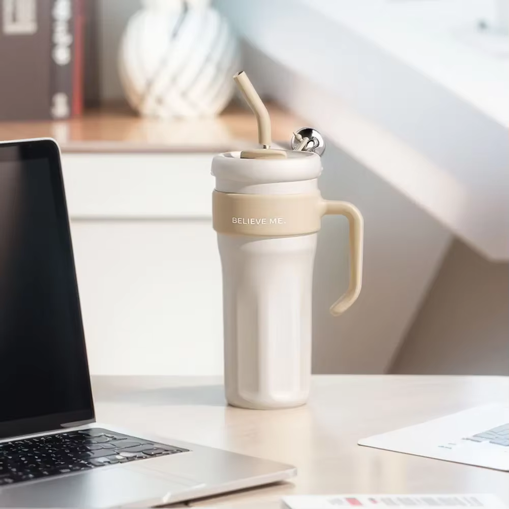 Stainless Steel Water Bottle With Handle And Straw Cold Drink Bottle Believe Me Quencer 1250Ml