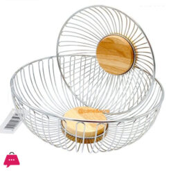 Vintage Wood And Chrome Metal Fruit Bread Veggie Kitchen Baskets Set Of 2