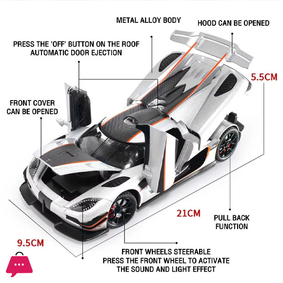 1:24 Scale Koenigsegg One:1 Supercar Diecast Alloy Car Model Sound And Light 7 1:24 Scale Koenigsegg One:1 Supercar Diecast Alloy Car Model Sound And Light - Image 5