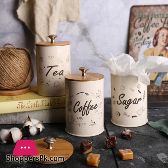 3-Piece Vintage Retro Metal Containers With Lids Coffee Tea Sugar Set Bamboo Top Sealed Cans Box 4 3-Piece Vintage Retro Metal Containers With Lids Coffee Tea Sugar Set Bamboo Top Sealed Cans Box - Image 2