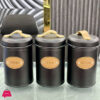 3-Piece Vintage Retro Metal Containers With Lids Coffee Tea Sugar Set Canister Black With Leather Handles