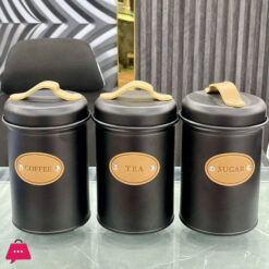 3-Piece Vintage Retro Metal Containers with Lids Coffee Tea Sugar Set Canister Black with Leather Handles