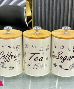 3-Piece Vintage Retro Metal Containers with Lids Coffee Tea Sugar Set Bamboo Top Sealed Cans Box