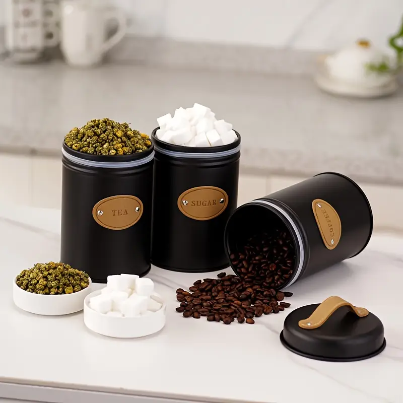 3-Piece Vintage Retro Metal Containers With Lids Coffee Tea Sugar Set Canister Black With Leather Handles