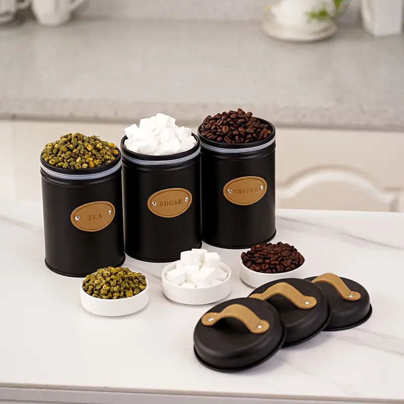 3-Piece Vintage Retro Metal Containers With Lids Coffee Tea Sugar Set Canister Black With Leather Handles