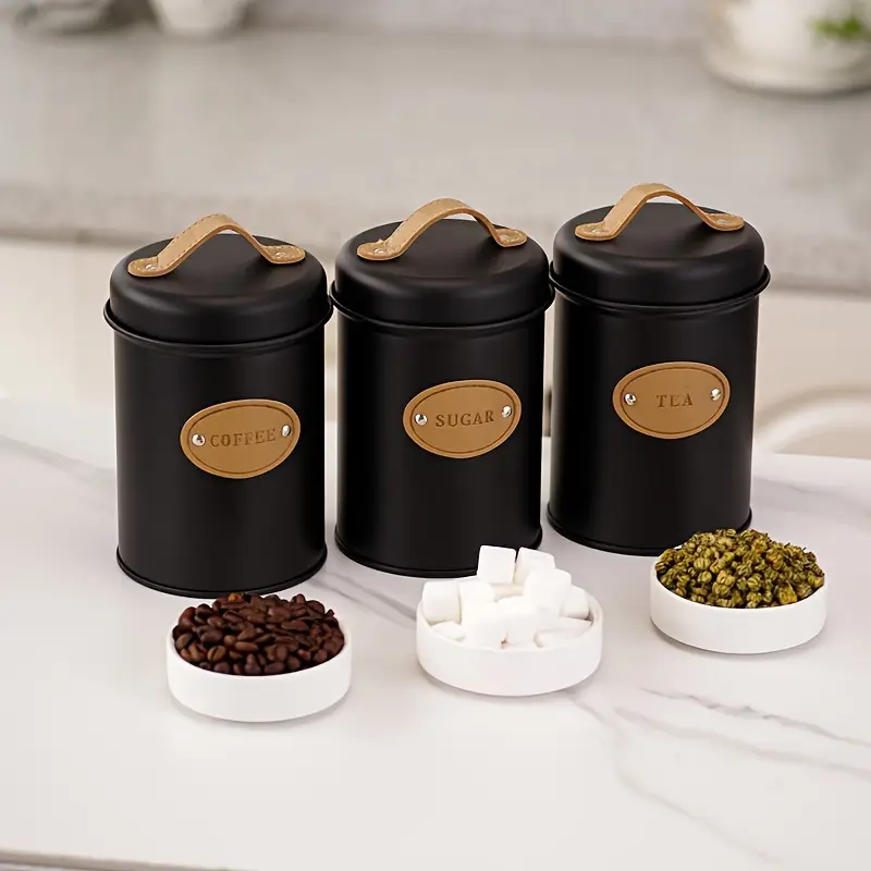 3-Piece Vintage Retro Metal Containers With Lids Coffee Tea Sugar Set Canister Black With Leather Handles