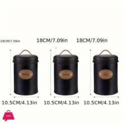 3-Piece Vintage Retro Metal Containers With Lids Coffee Tea Sugar Set Canister Black With Leather Handles