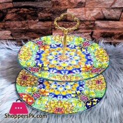 Ceramic Fruit Bowl Cake Stand 2 Tier Serving Platter with Round Glass Plate Golden Stainless Steel Holder for BirthdayPartyWedding