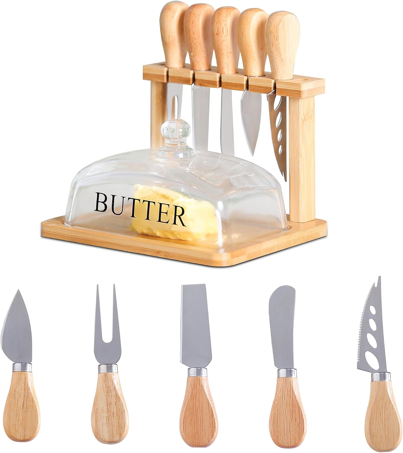 Bamboo Butter Dish And Lid Wooden Serving Tray With Glass Cover