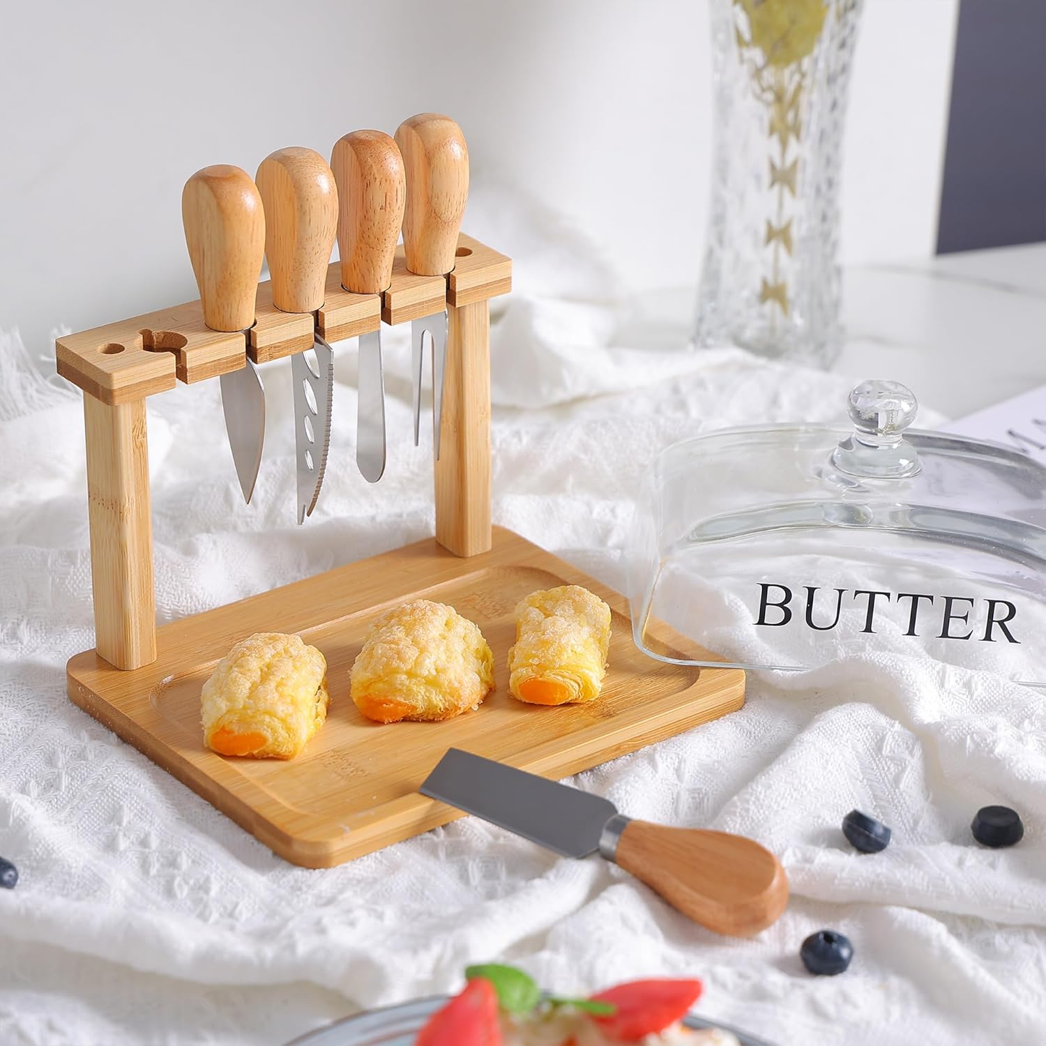 Bamboo Butter Dish And Lid Wooden Serving Tray With Glass Cover