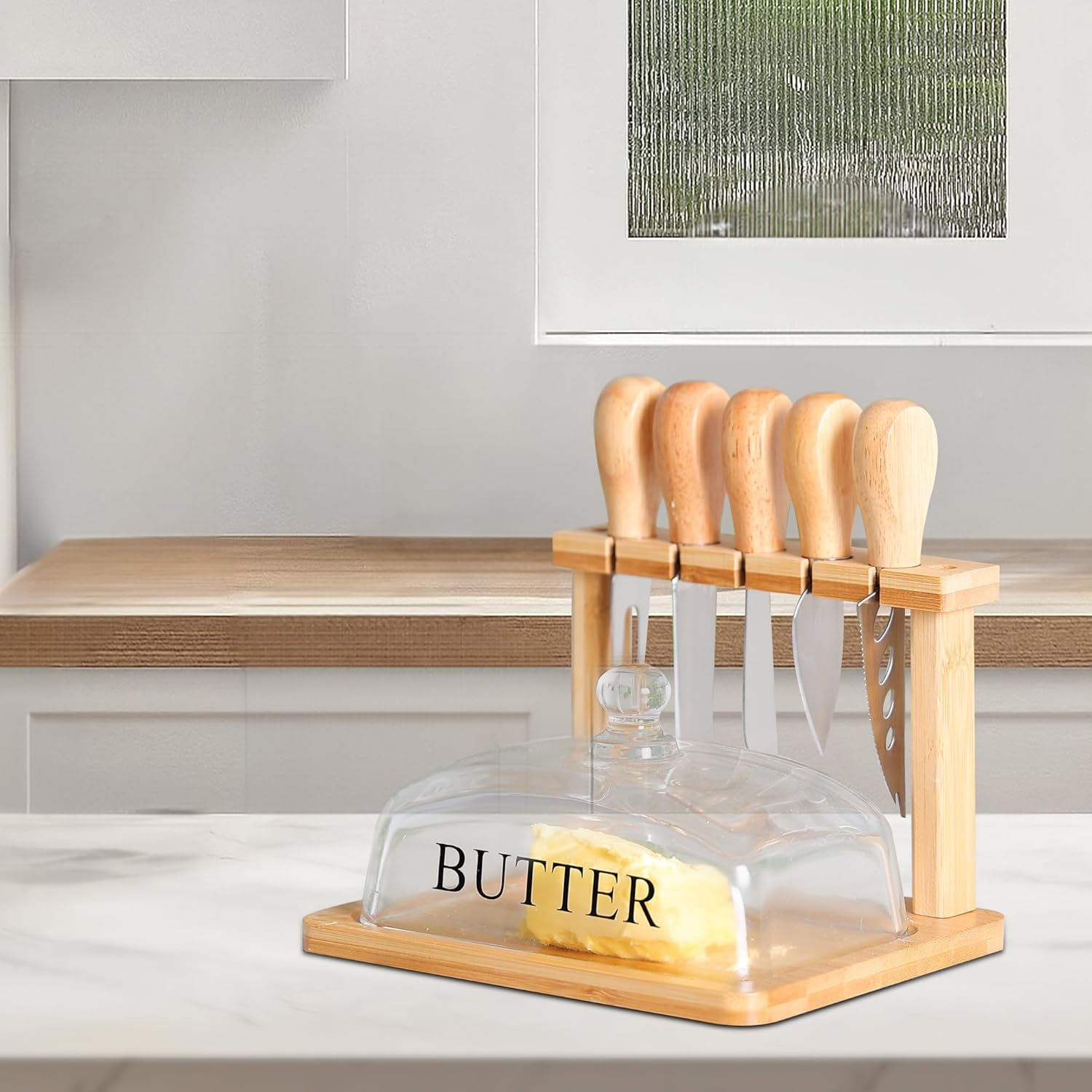 Bamboo Butter Dish And Lid Wooden Serving Tray With Glass Cover