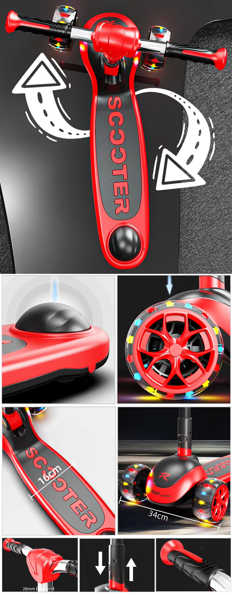 Bbt Global Kids Scooter Foldable Adjustable Led Flash Three Wheels Kick Scooter For Toddler Kids 3-10 Years