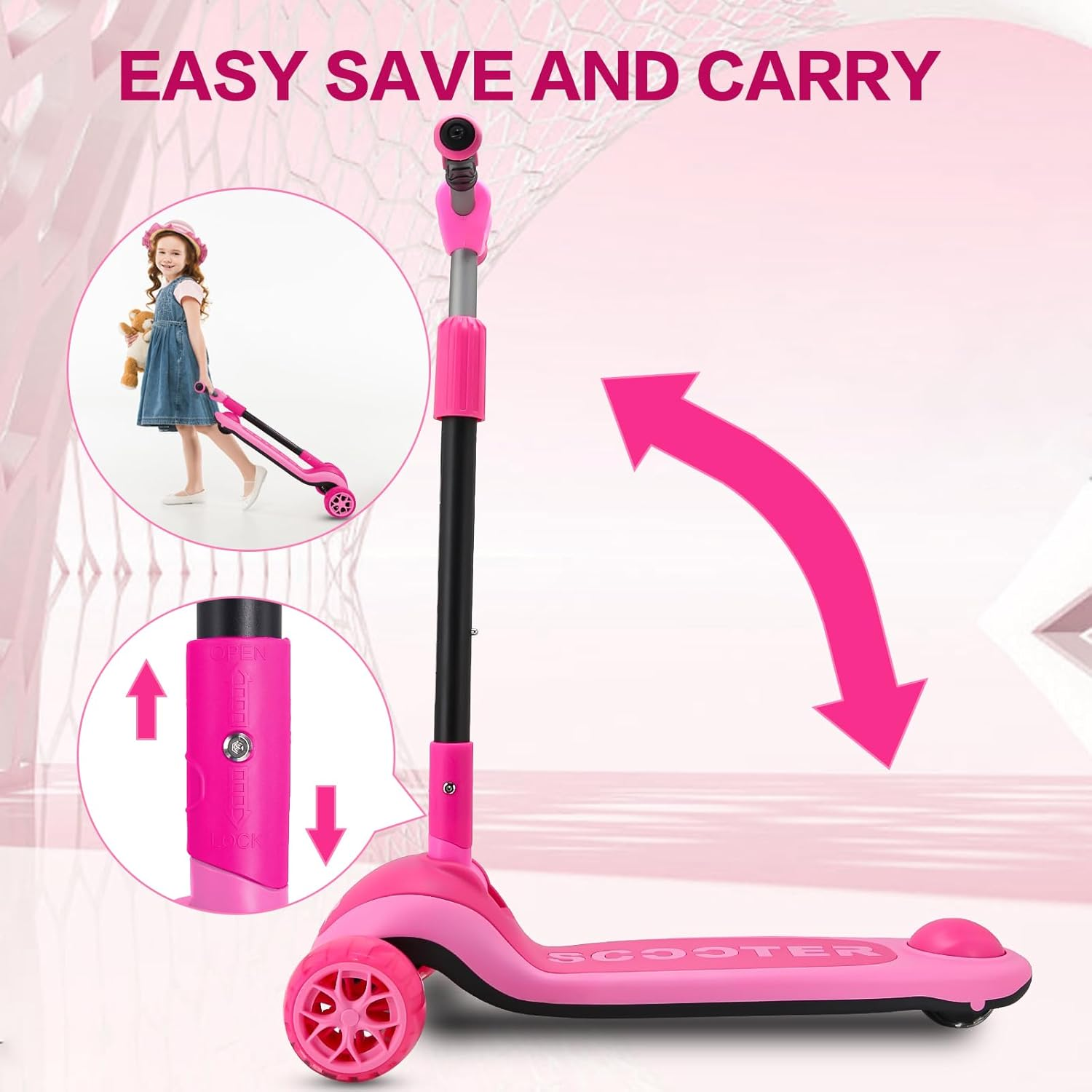 Bbt Global Kids Scooter Foldable Adjustable Led Flash Three Wheels Kick Scooter For Toddler Kids 3-10 Years