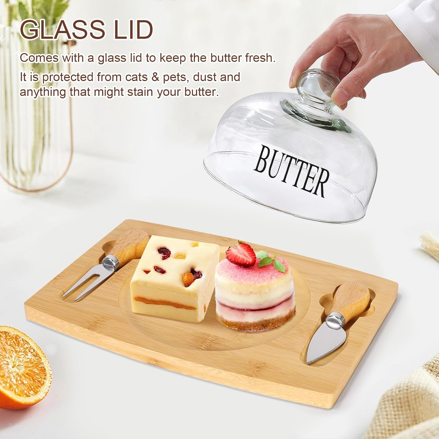 Butter Dish With Glass Lid Bamboo Base Round Clear Butter Dish With Handle