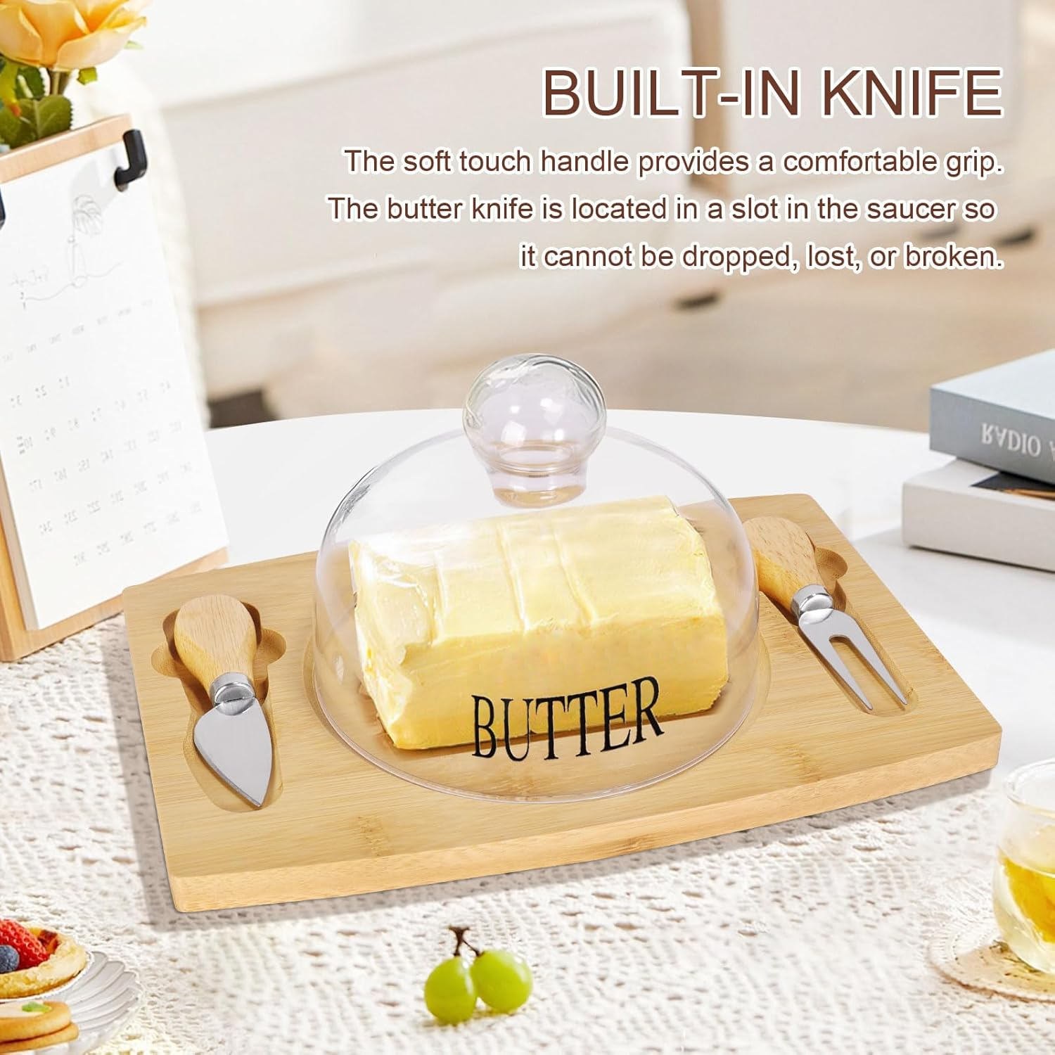 Butter Dish With Glass Lid Bamboo Base Round Clear Butter Dish With Handle