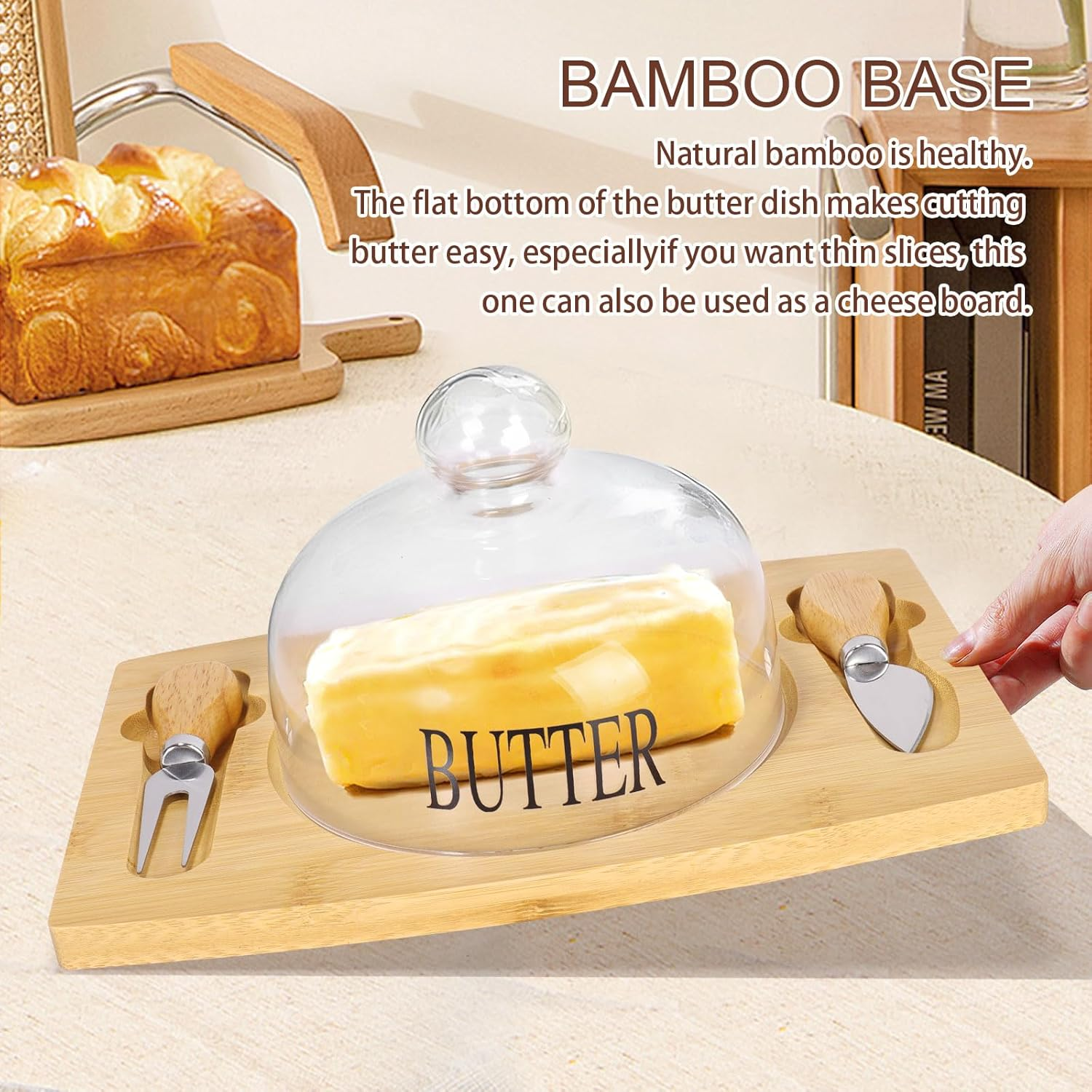 Butter Dish With Glass Lid Bamboo Base Round Clear Butter Dish With Handle