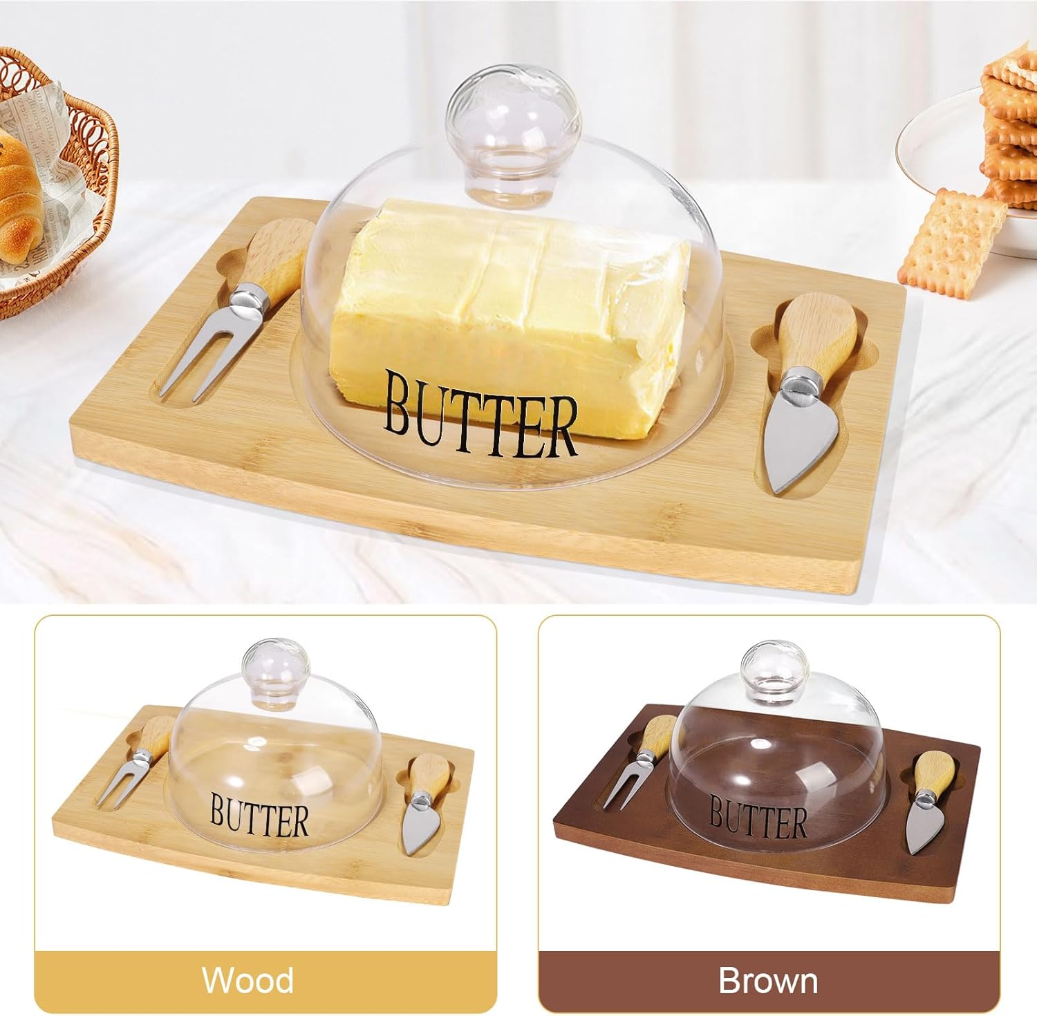 Butter Dish With Glass Lid Bamboo Base Round Clear Butter Dish With Handle
