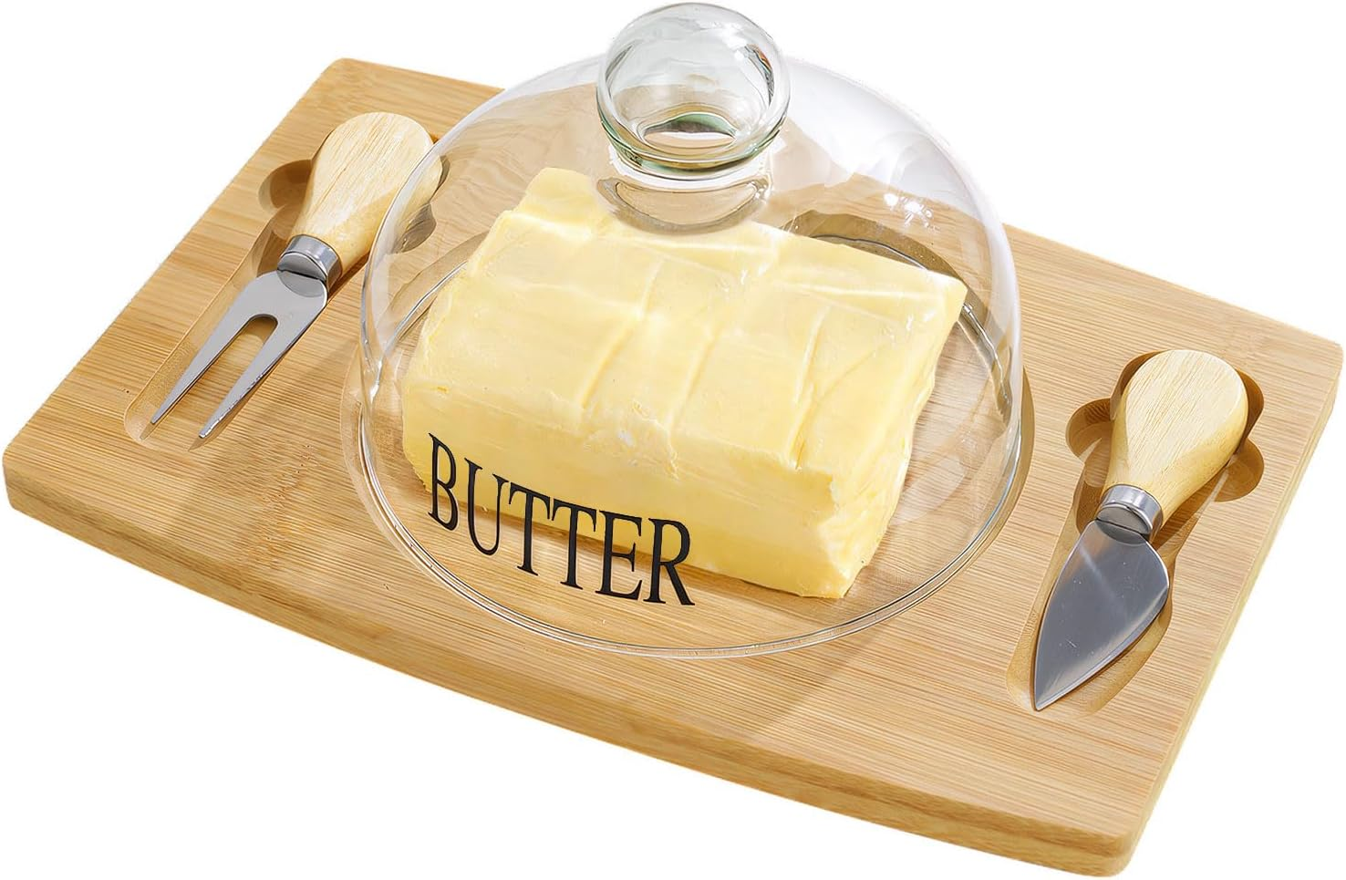 Butter Dish With Glass Lid Bamboo Base Round Clear Butter Dish With Handle