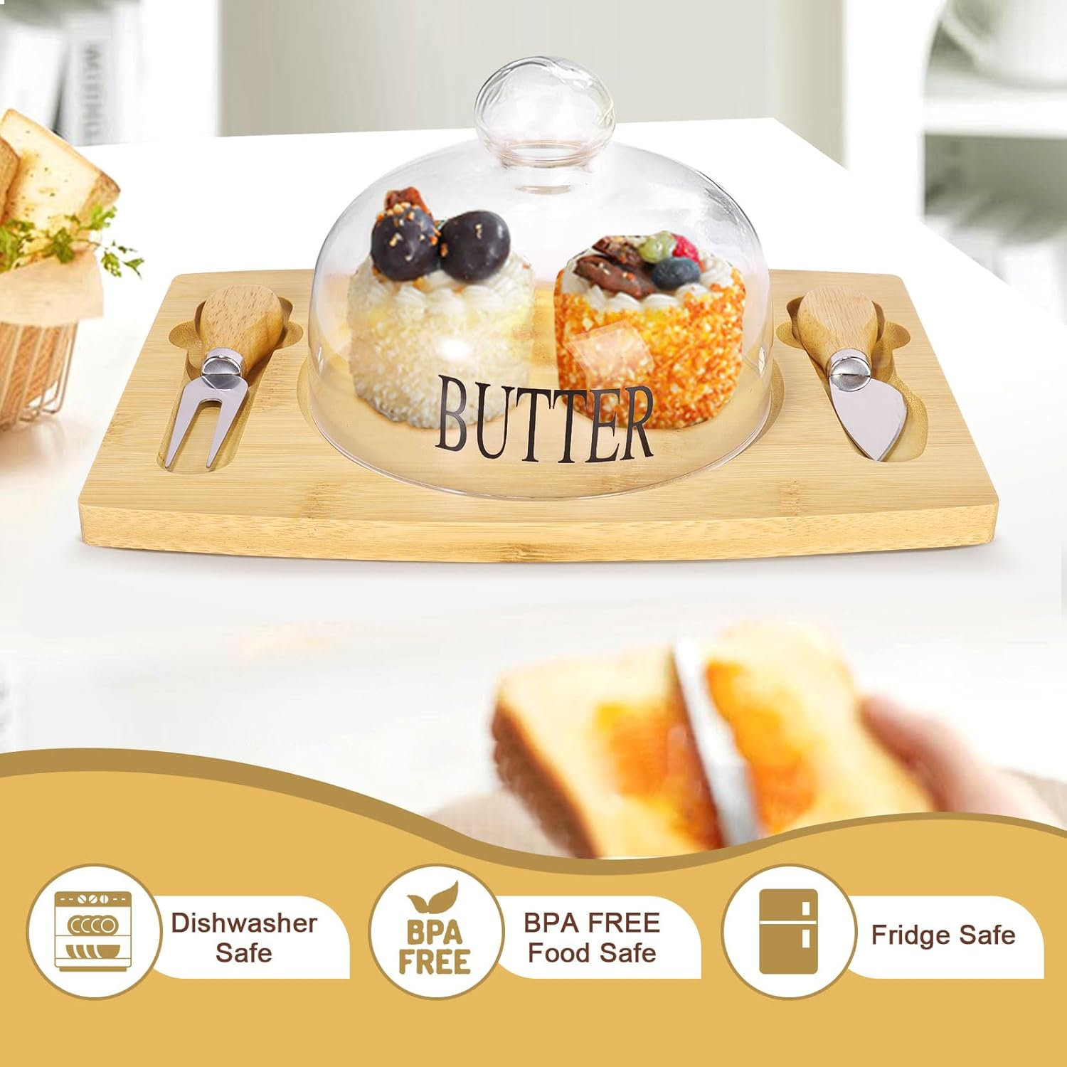 Butter Dish With Glass Lid Bamboo Base Round Clear Butter Dish With Handle
