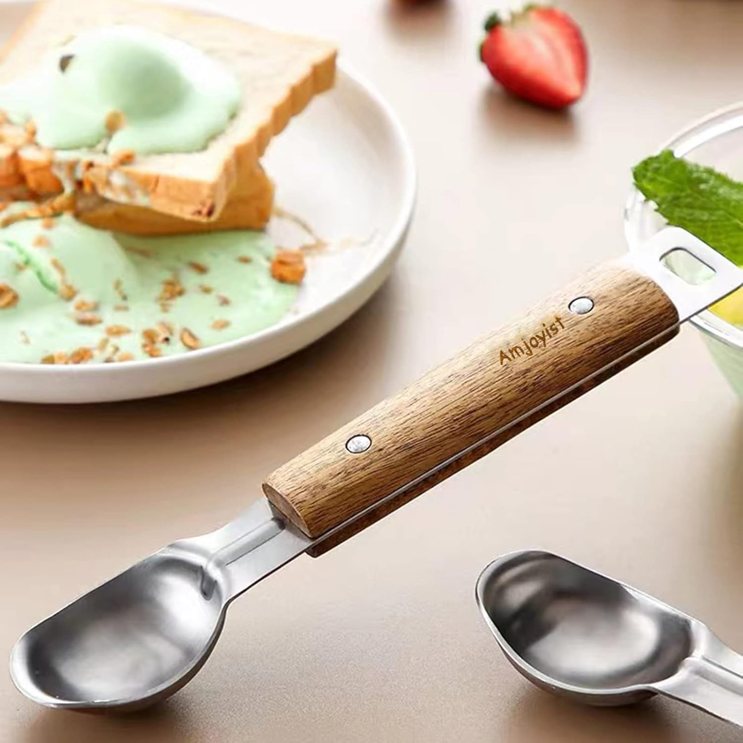 Ice Cream Scoop Hangable Spoon Ball Picker With Comfortable Acacia Wooden Handle Stainless Steel Head Handle With Hang Hole Durable Wood Handle