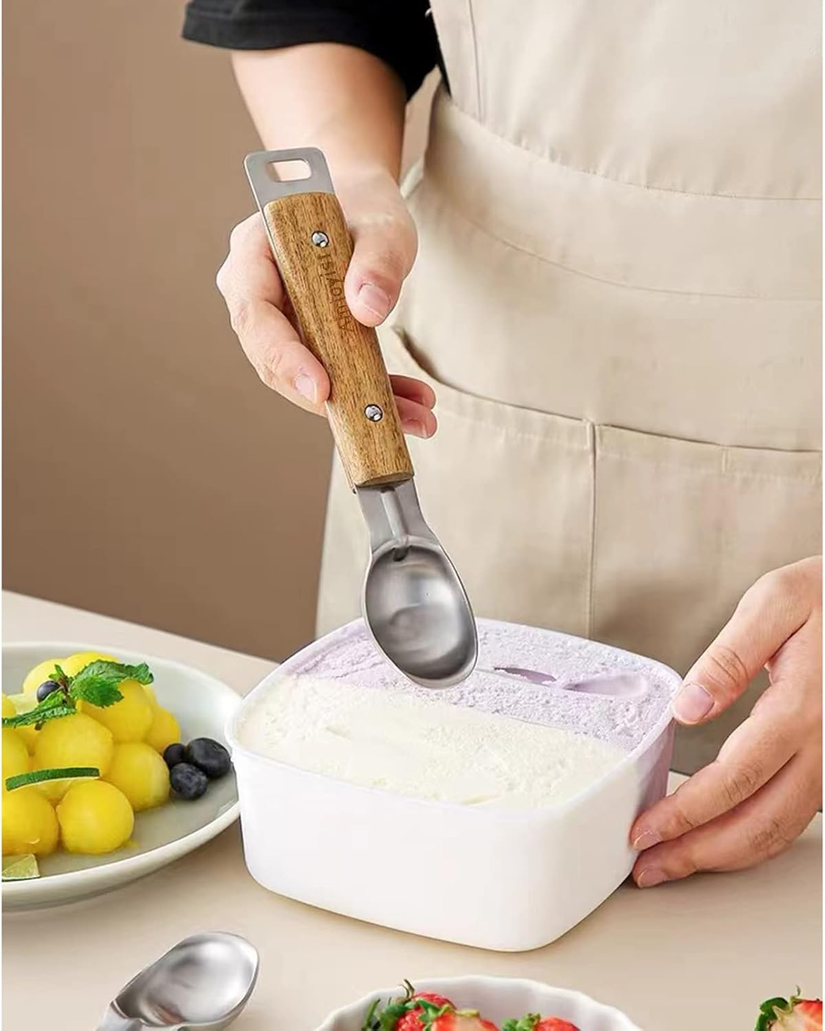 Ice Cream Scoop Hangable Spoon Ball Picker With Comfortable Acacia Wooden Handle Stainless Steel Head Handle With Hang Hole Durable Wood Handle