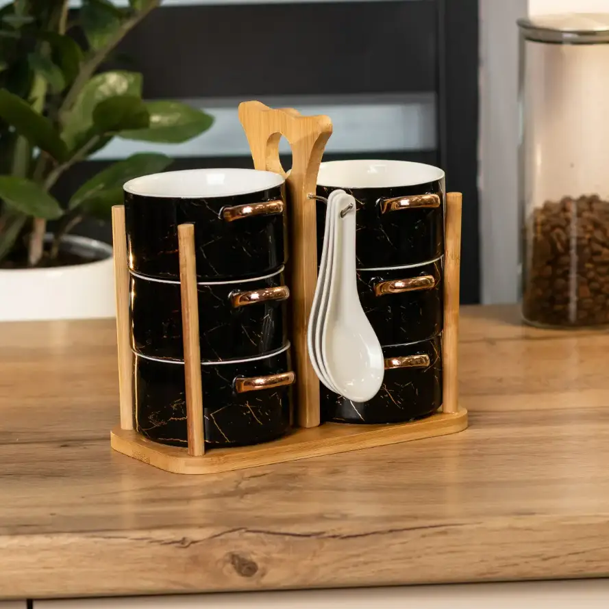 Ceramic Soup Bowls And Spoons Set 12 Pieces On Stand