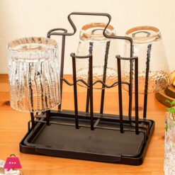 6 Hook Metal Cup Drying Rack Mug Tree Stand Organizer Whiskey Wine Glass Cup Dryer Rack for Kitchen Counter Storage Display Stand with Drain Tray