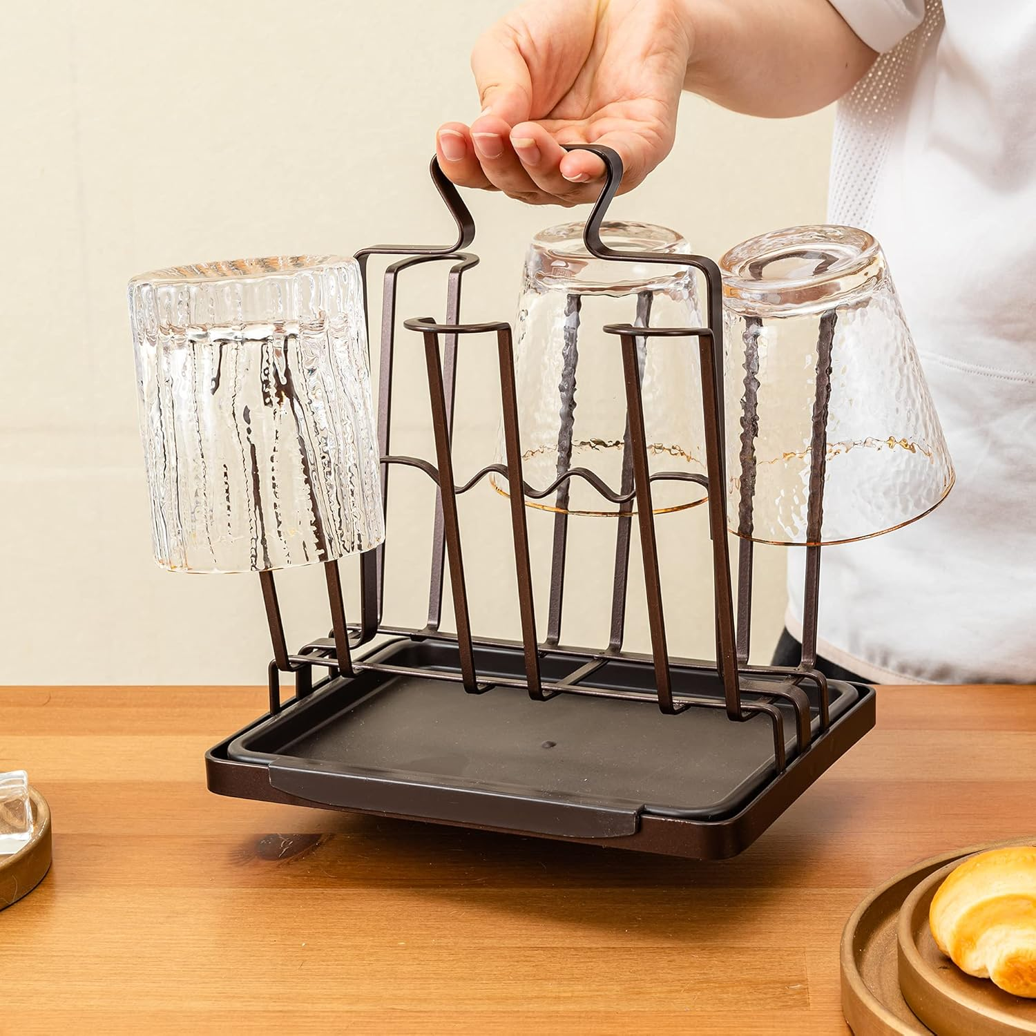 6 Hook Metal Cup Drying Rack Mug Tree Stand Organizer Whiskey Wine Glass Cup Dryer Rack For Kitchen Counter Storage Display Stand With Drain Tray