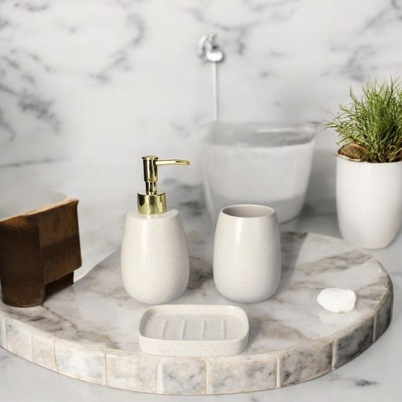 Danny Home Ceramic Bathroom Accessories Set 3 Pcs White &Amp; Gold