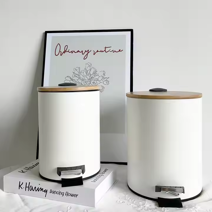 Decorative Bamboo Wood Lining Kitchen Pedal Food Paper Round Waste Rubbish Dustbin Bin 5 Liter 4 Decorative Bamboo Wood Lining Kitchen Pedal Food Paper Round Waste Rubbish Dustbin Bin 5 Liter
