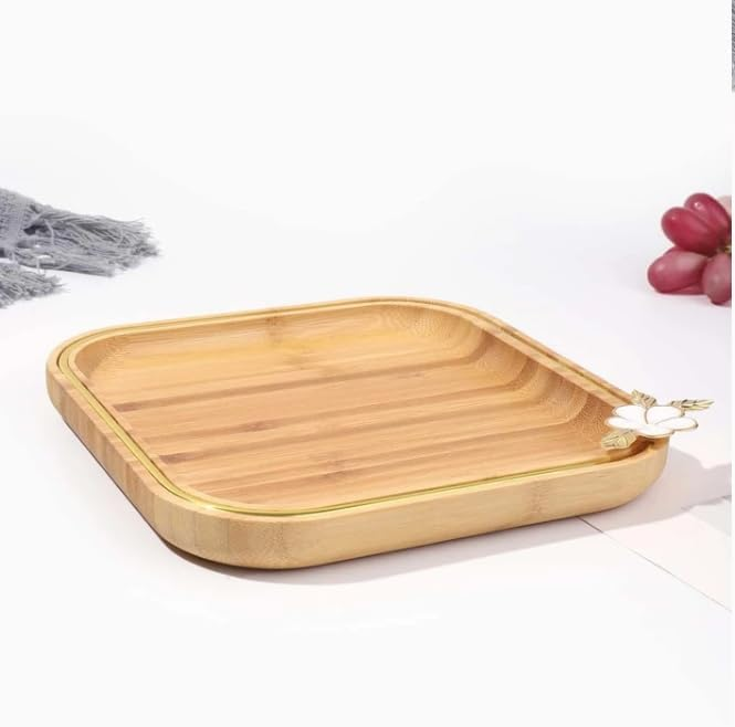 Exquisite Bamboo Platter With Leaf Golden Woodan Serving Tray