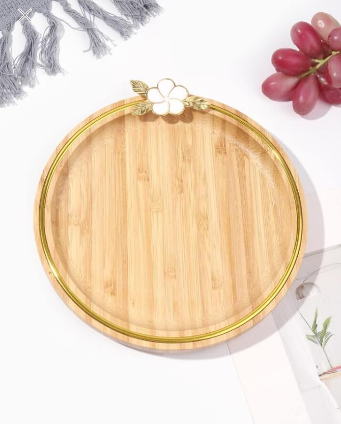 Exquisite Bamboo Platter With Round Leaf Golden Woodan Serving Tray