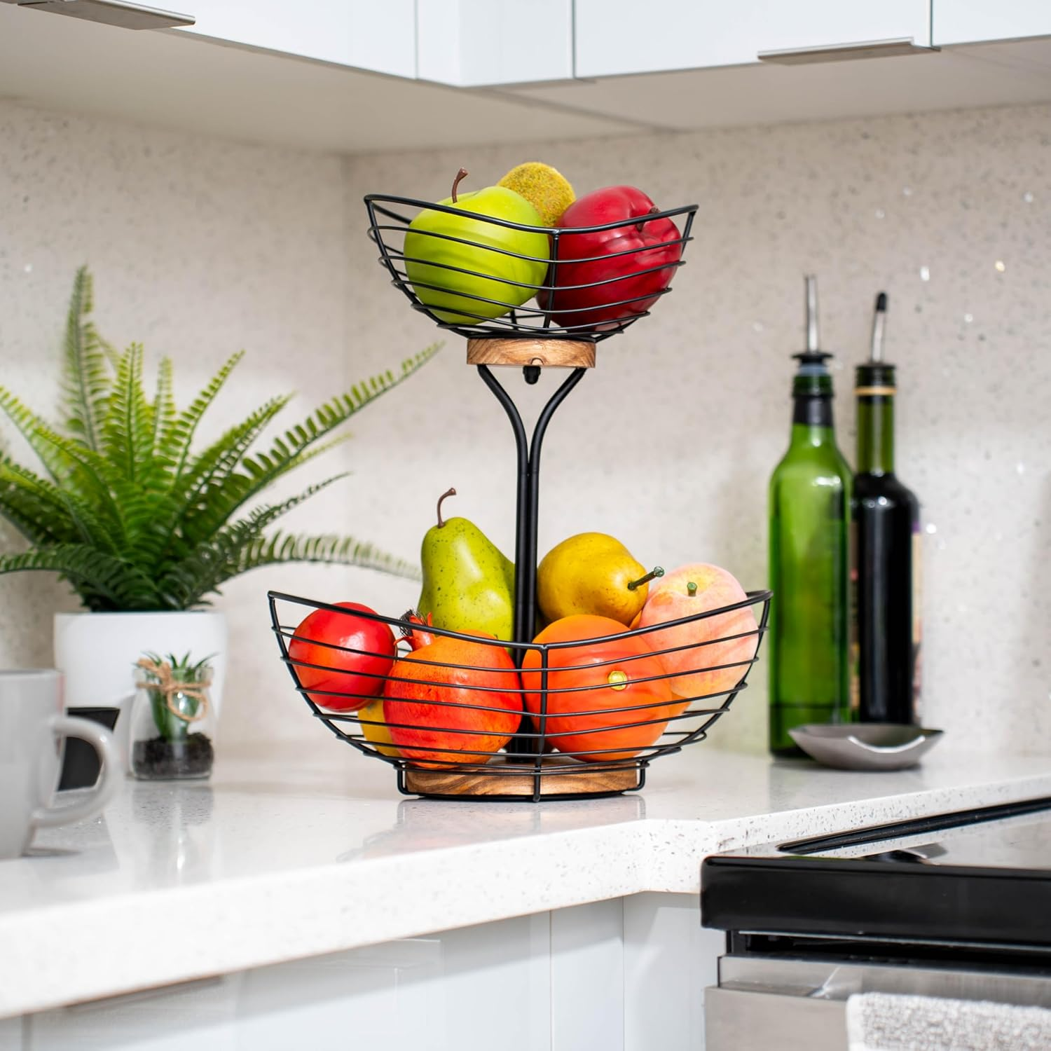 Fruit Basket For Kitchen Countertop,Black Metal Wire With Wood Base,Modern Farmhouse Fruit Bowl,Portable Storage Basket For Kitchen And Dining Room 2 Tier Set