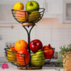 Fruit Basket For Kitchen Countertop,Black Metal Wire With Wood Base,Modern Farmhouse Fruit Bowl,Portable Storage Basket For Kitchen And Dining Room 2 Tier Set