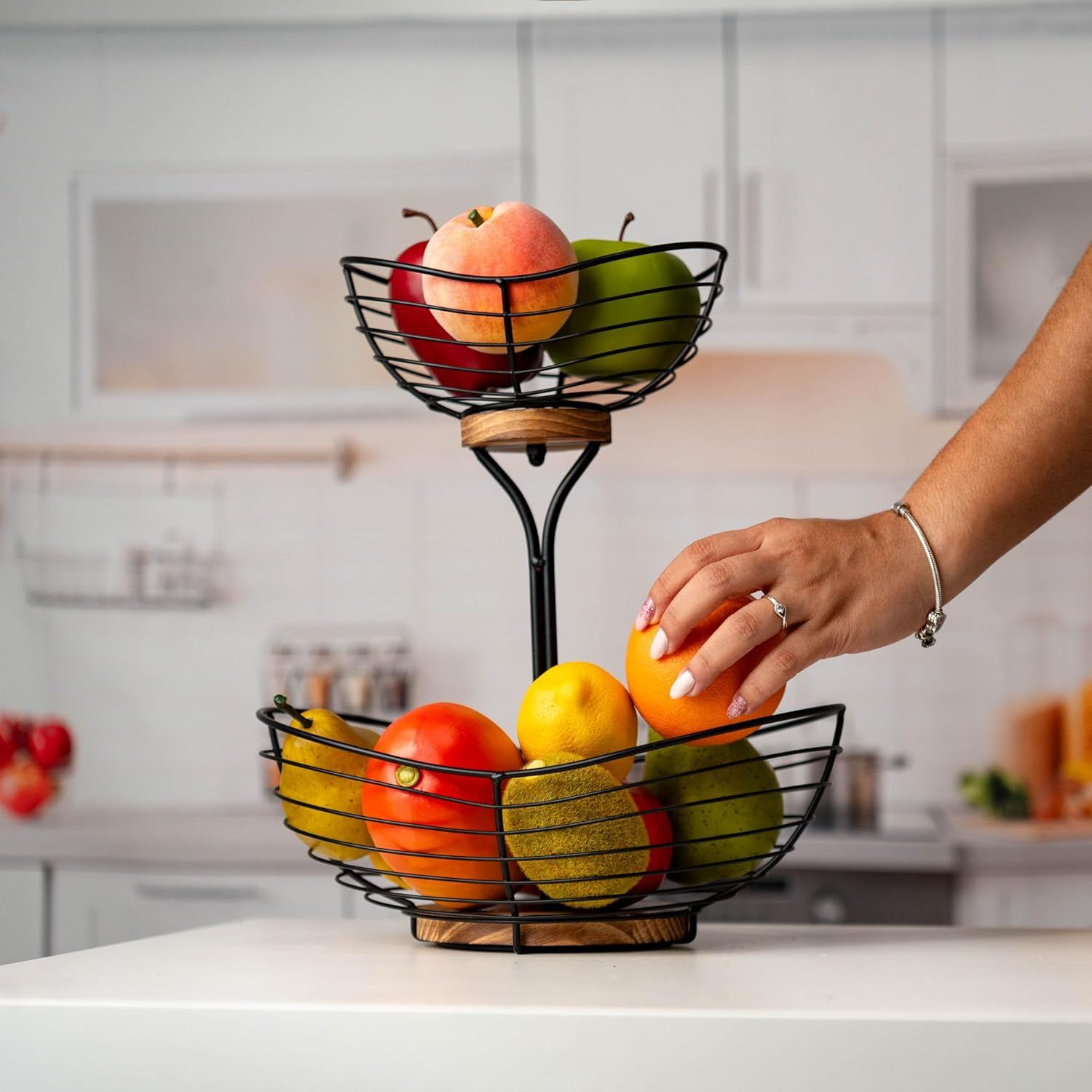 Fruit Basket For Kitchen Countertop,Black Metal Wire With Wood Base,Modern Farmhouse Fruit Bowl,Portable Storage Basket For Kitchen And Dining Room 2 Tier Set