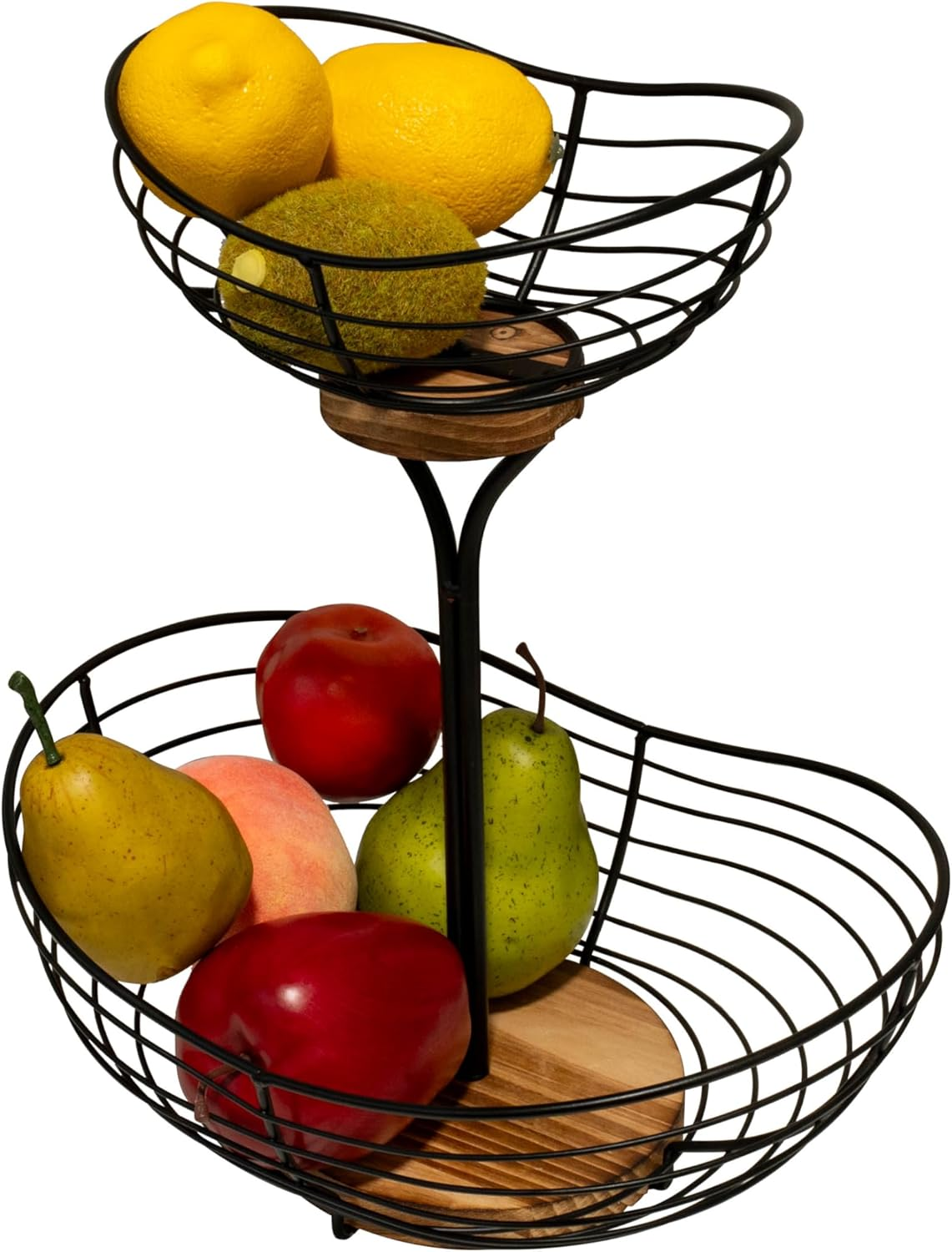 Fruit Basket For Kitchen Countertop,Black Metal Wire With Wood Base,Modern Farmhouse Fruit Bowl,Portable Storage Basket For Kitchen And Dining Room 2 Tier Set